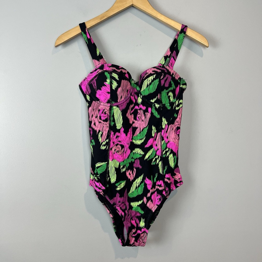NEW BETSEY JOHNSON BRIGHT FLORAL ONE PIECE SWIMSUIT RUCHED SZ SMALL